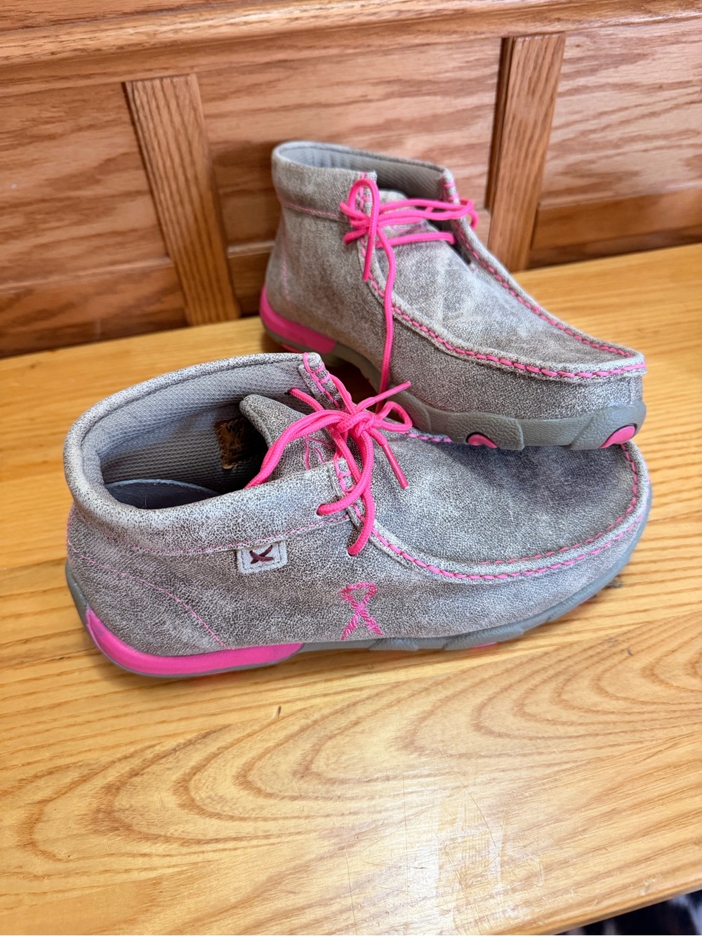 Women’s  Gray Suede Moccasin Boots with Pink Accents